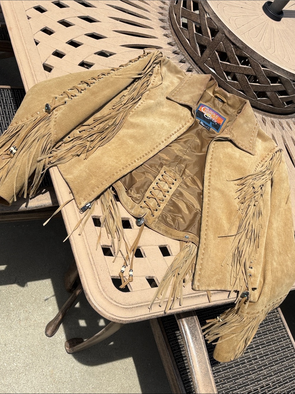 EUVC Rare Cripple Creek M L tan suede braided fringe leather coat VTG - Picture 12 of 17